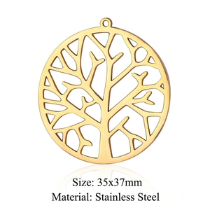 Detailed macro view of a golden tree of life stainless steel pendant measuring 35x37mm