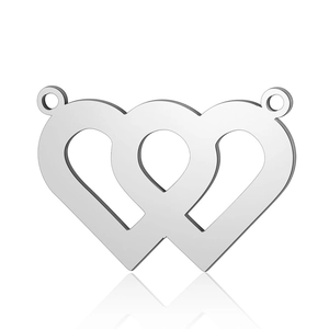 Polished silver stainless steel double heart pendant with dual hanging loops on white background
