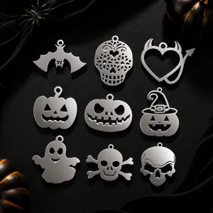 Pack of 5 Halloween stainless steel charms including skull pumpkin and ghost pendants