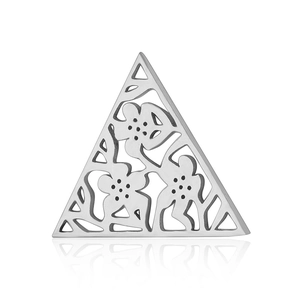 Detailed macro view of silver hollow triangle pendant with intricate floral pattern