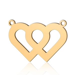 Polished golden interlocking double heart pendants with symmetrical dual-hanging holes