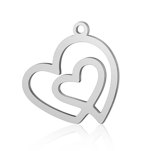 Close-up of double hollow heart-shaped pendants in silver stainless steel finish