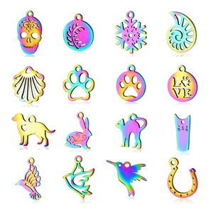 Rainbow Iridescent Stainless Steel Animal Pendants For DIY Jewelry Making Cat Dog Paw Rabbit Bird Skull Heart Charms