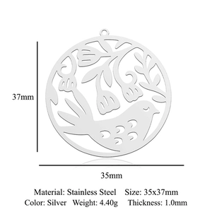 Detailed view of silver bird and flower hollow round pendant with size specifications