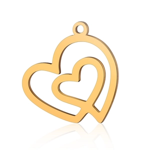 Polished gold stainless steel double heart pendant with mirror finish and connector ring