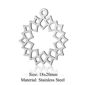Detailed macro view of an 18x20mm stainless steel mandala flower pendant with a hanging ring