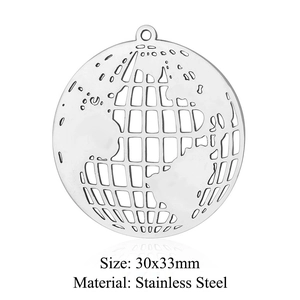 Macro detail of 30x33mm stainless steel globe pendant with cut-out world map design