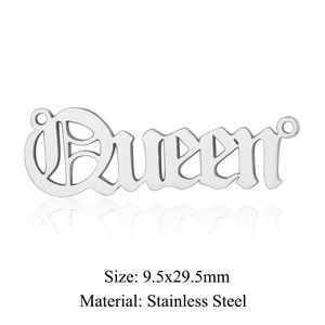 Macro detail of gothic style Queen letter pendant in stainless steel with dimensions