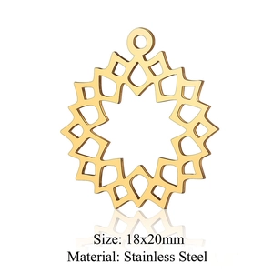 Macro detail of 18x20mm gold stainless steel sun pendant for DIY jewelry making