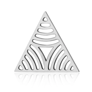 Macro view of geometric hollow triangle pendant with polished stainless steel texture