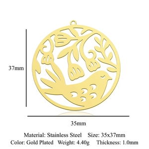 Detail view of 35x37mm gold plated stainless steel bird and flower pendant with size specs