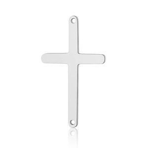 Close-up of a polished stainless steel cross pendant with top and bottom connecting loops