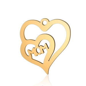 Polished gold double heart pendant with MOM engraving and reflective finish