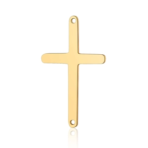 Detailed view of polished golden stainless steel hollow cross pendant connector piece