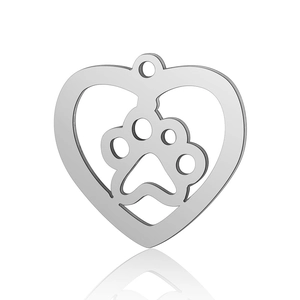 Close-up of heart-shaped stainless steel pendant with hollow paw print detail