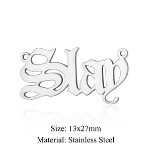 Close-up of gothic Slay letter pendant in stainless steel for DIY jewelry
