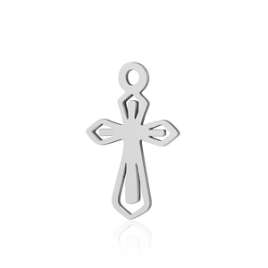 Detailed view of silver hollow geometric cross pendant in stainless steel with top ring