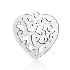 Polished stainless steel hollow heart pendant with vine patterns for DIY jewelry making