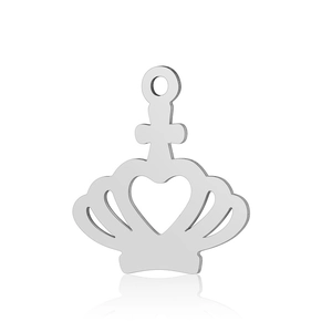 Macro shot of silver crown pendant with hollow heart and brushed metal texture finish