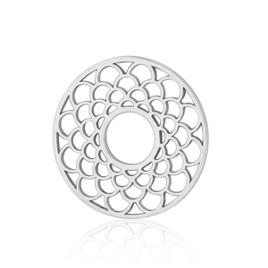 Macro view of geometric cutout triangle pendant in polished stainless steel finish