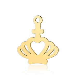 Close-up of golden stainless steel crown pendant with hollow heart and mirror reflection