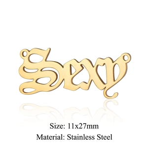 Macro detail of a golden stainless steel Sexy script letter pendant connector, 11x27mm size
