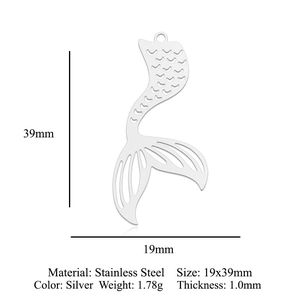Detailed stainless steel mermaid tail pendant with scales and dimensions 19x39mm