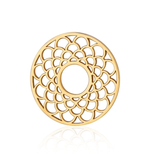 Macro shot of gold geometric hollow round pendant with layered fish scale pattern