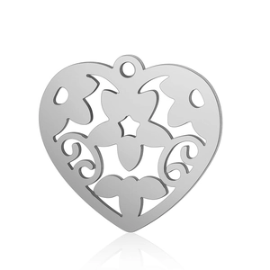 Detailed view of heart-shaped stainless steel pendant with intricate laser-cut floral patterns