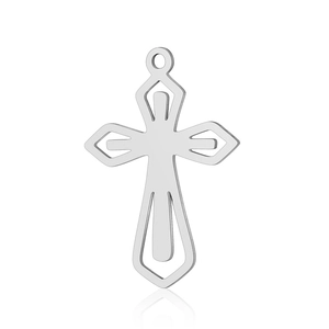Macro view of polished stainless steel hollow cross pendant with geometric detailing