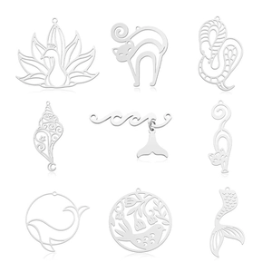 Nine silver stainless steel hollow charms including mermaid tail and peacock designs