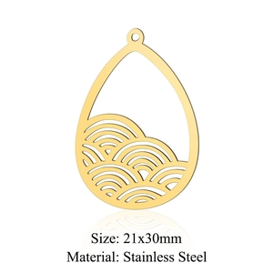 Détail d'un pendentif goutte en acier inoxydable doré 21x30mm avec motif de vagues japonaises