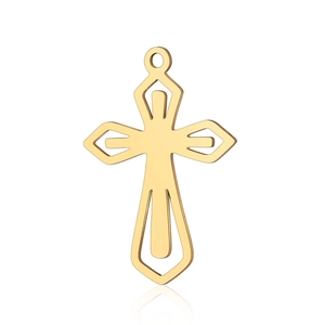 Detail view of a hollow gold stainless steel cross pendant with polished finish