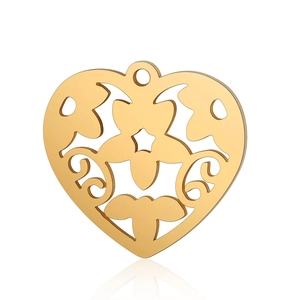 Detailed macro view of heart-shaped stainless steel pendant with floral cutout patterns