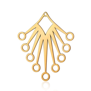 Golden fan-shaped geometric steel pendant detail with radial lines and hanging loops