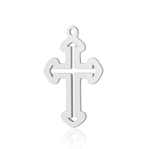 Detailed macro view of the silver hollowed stainless steel cross pendant with arrow design
