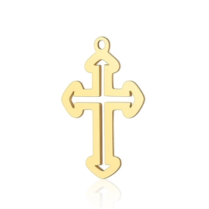 Macro detail of gold-plated stainless steel hollow cross pendant with heart-shaped tips