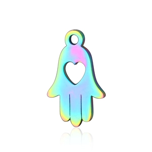 Rainbow plated Hamsa hand stainless steel pendant with heart cutout for DIY jewelry