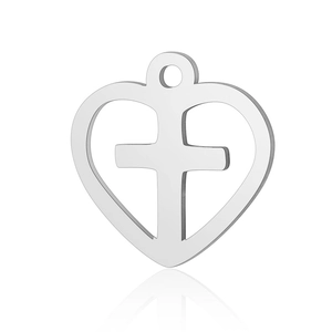 Polished silver heart pendant with a cutout cross design and top hanging loop