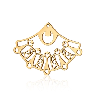 Detailed close-up of a hollow geometric fan-shaped golden metal jewelry pendant