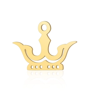 Macro shot of gold stainless steel crown pendant with hollow design and shiny finish