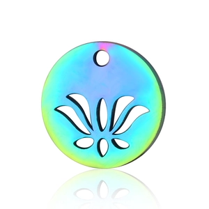 Macro detail of rainbow plated stainless steel lotus flower charm with iridescent finish