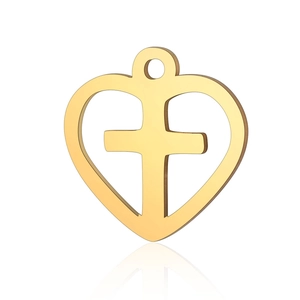 Polished gold stainless steel heart pendant with cutout cross detail and top loop