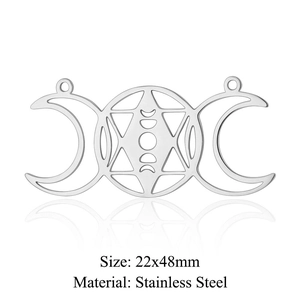 Detailed view of triple moon and hexagram stainless steel pendant measuring 22x48mm