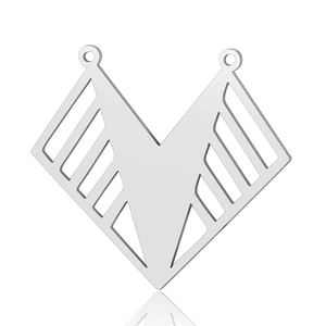Macro detail of polished silver V-shaped hollow geometric stainless steel pendant