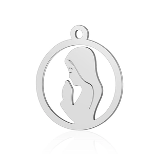 Polished stainless steel round pendant with hollow Virgin Mary prayer design