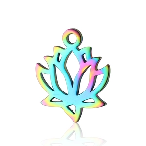 Detail view of rainbow-plated stainless steel lotus pendant with hollow design