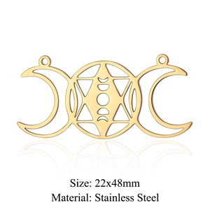 Detailed 22x48mm golden stainless steel triple moon and hexagram celestial pendant charm