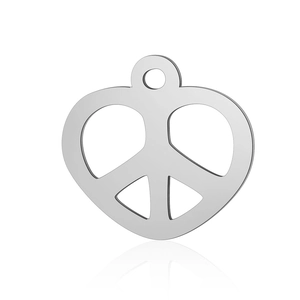 Polished heart-shaped peace sign pendant in stainless steel with a high-mirror finish
