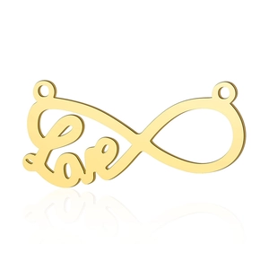 Detail of golden stainless steel infinity Love charm with polished finish and dual ring loops